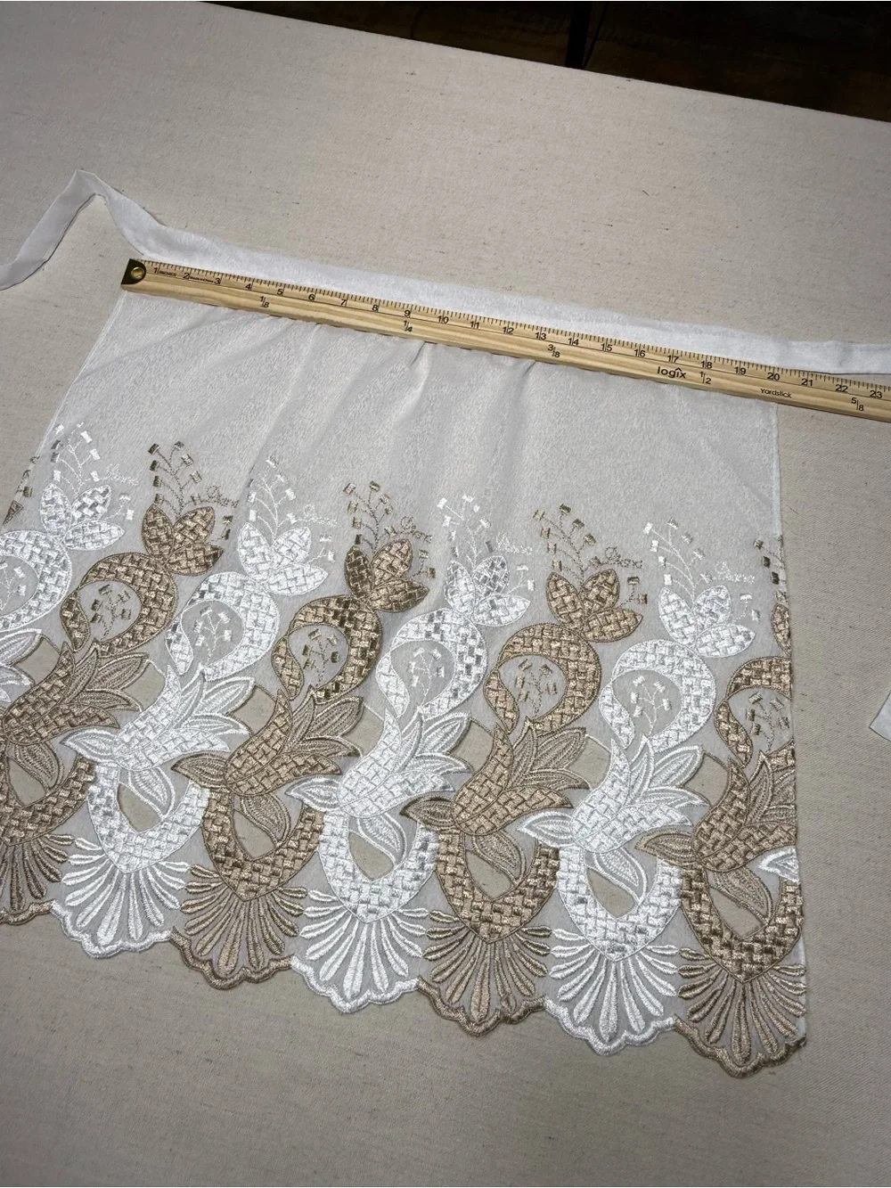 Elegant White & Champagne Embroidered Lace Tie-Waist Apron Skirt
